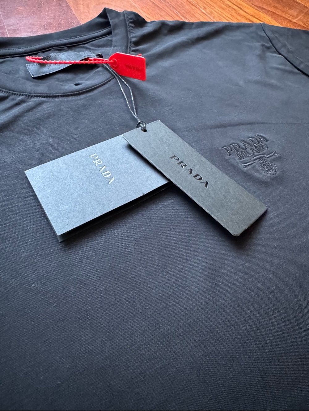 Prada Black Short Sleeve Logo Tee with Red Tag